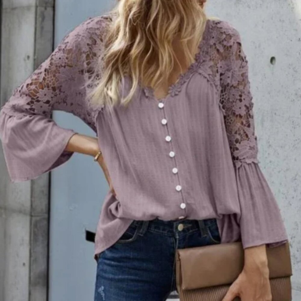 Floral Embroidered Crochet Lace Button‎ Down top